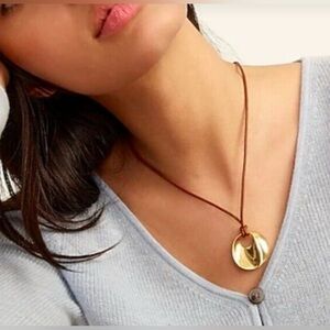J Crew Concava Burnished Gold Metal Brown Leather Adjustable Cord Necklace